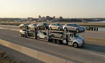 Car transporter with the Clinton, Iowa, United States skyline behind it