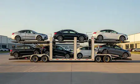 Car transporter parked in an industrial area of Clive, Iowa, United States