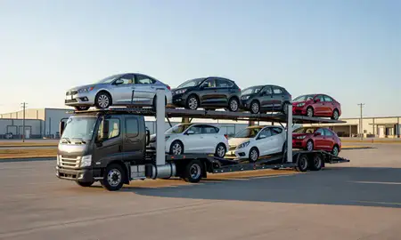 Car transporter loaded with vehicles in Clive, Iowa, United States