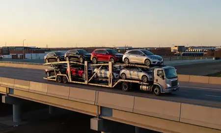 Car transporter with the Clive, Iowa, United States skyline behind it