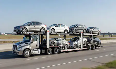 Multi-level car carrier on the highway to Coralville, Iowa, United States