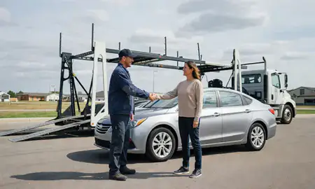 Vehicle owner beside their delivered car in Coralville, Iowa, United States