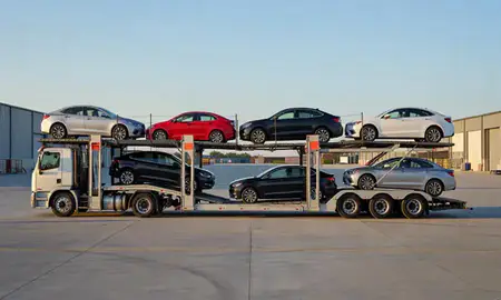 Car transporter parked in an industrial area of Coralville, Iowa, United States