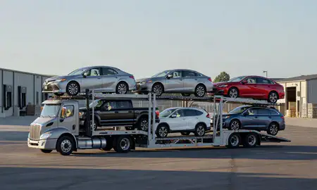 Car transporter loaded with vehicles in Coralville, Iowa, United States