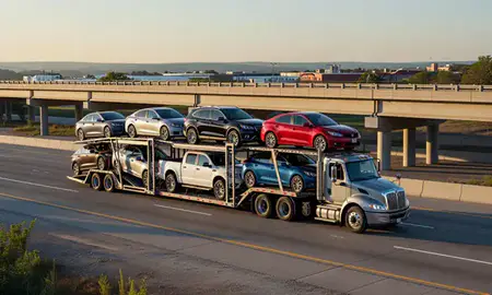 Car transporter with the Coralville, Iowa, United States skyline behind it