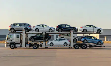 Car transporter parked in an industrial area of Council Bluffs, Iowa, United States