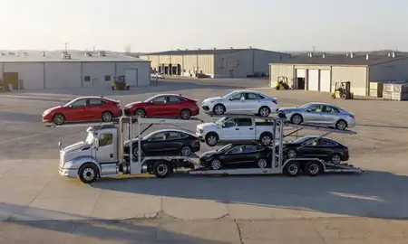 Car transporter loaded with vehicles in Council Bluffs, Iowa, United States
