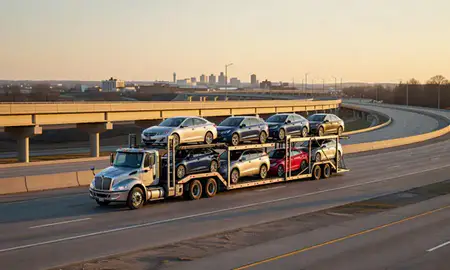 Car transporter with the Council Bluffs, Iowa, United States skyline behind it
