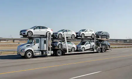Multi-level car carrier on the highway to Davenport, Iowa, United States