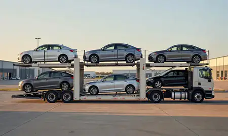 Car transporter parked in an industrial area of Davenport, Iowa, United States