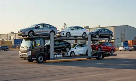 Car transporter loaded with vehicles in Davenport, Iowa, United States