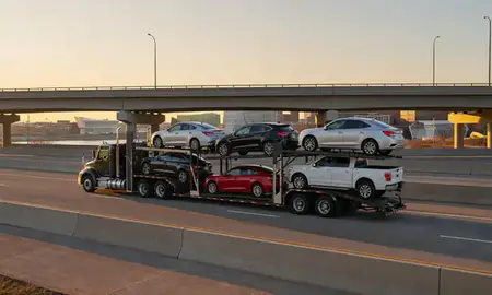 Car transporter with the Davenport, Iowa, United States skyline behind it
