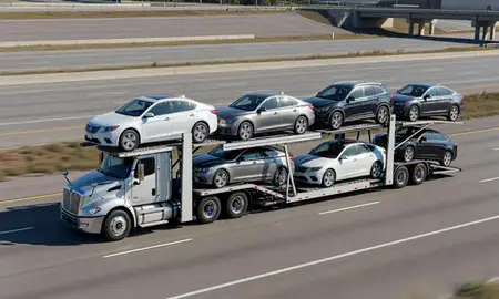 Multi-level car carrier on the highway to Des Moines, Iowa, United States