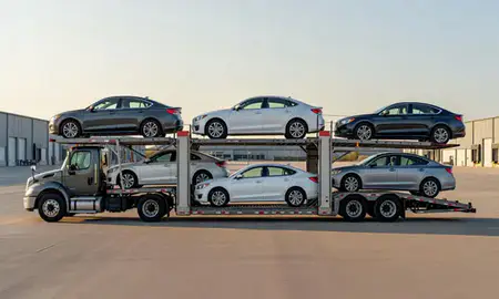 Car transporter parked in an industrial area of Des Moines, Iowa, United States