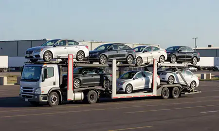 Car transporter loaded with vehicles in Des Moines, Iowa, United States