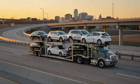 Car transporter with the Des Moines, Iowa, United States skyline behind it