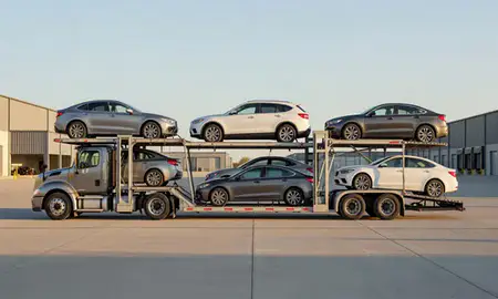 Car transporter parked in an industrial area of Dubuque, Iowa, United States