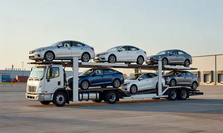 Car transporter loaded with vehicles in Dubuque, Iowa, United States