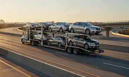 Car transporter with the Dubuque, Iowa, United States skyline behind it
