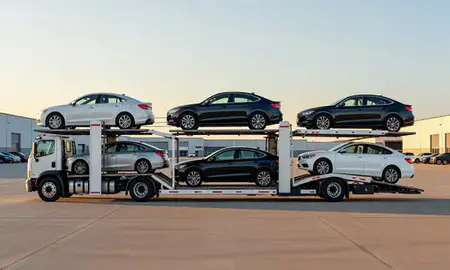 Car transporter parked in an industrial area of Fort Dodge, Iowa, United States
