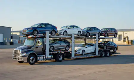Car transporter loaded with vehicles in Fort Dodge, Iowa, United States