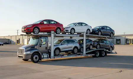 Car transporter loaded with vehicles in Indianola, Iowa, United States
