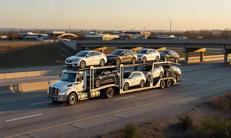 Car transporter with the Indianola, Iowa, United States skyline behind it