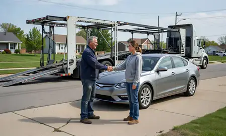 Vehicle owner beside their delivered car in Iowa City, Iowa, United States