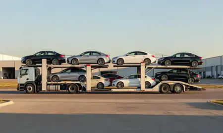 Car transporter parked in an industrial area of Iowa City, Iowa, United States