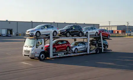 Car transporter loaded with vehicles in Iowa City, Iowa, United States
