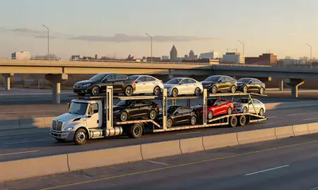 Car transporter with the Iowa City, Iowa, United States skyline behind it