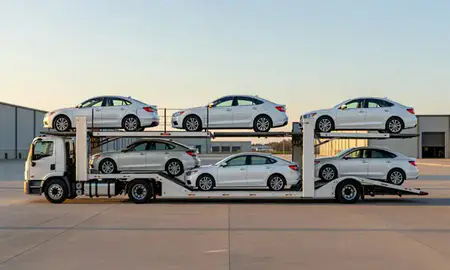 Car transporter parked in an industrial area of Johnston, Iowa, United States