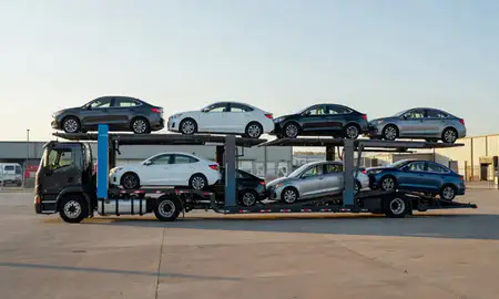 Car transporter loaded with vehicles in Johnston, Iowa, United States