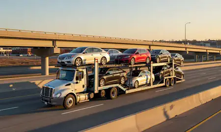 Car transporter with the Johnston, Iowa, United States skyline behind it