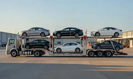 Car transporter parked in an industrial area of Marion, Iowa, United States