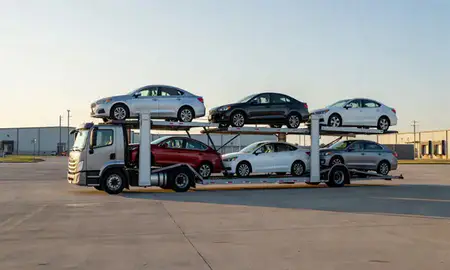 Car transporter loaded with vehicles in Marion, Iowa, United States
