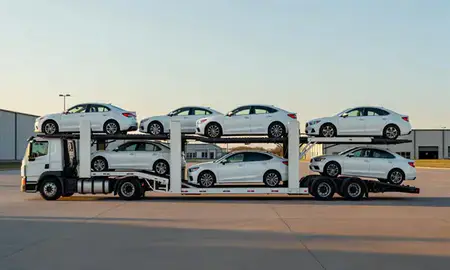 Car transporter parked in an industrial area of Marshalltown, Iowa, United States