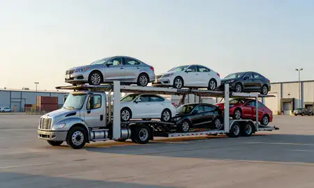 Car transporter loaded with vehicles in Marshalltown, Iowa, United States