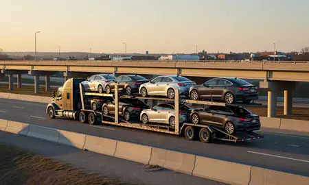 Car transporter with the Marshalltown, Iowa, United States skyline behind it