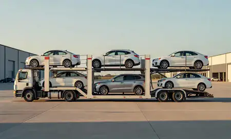 Car transporter parked in an industrial area of Mason City, Iowa, United States
