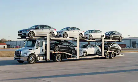 Car transporter loaded with vehicles in Mason City, Iowa, United States