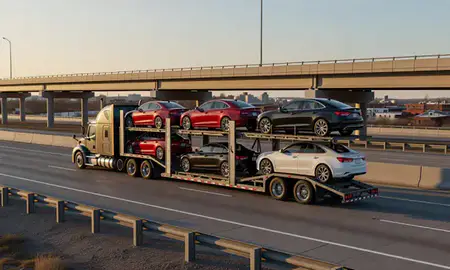 Car transporter with the Mason City, Iowa, United States skyline behind it
