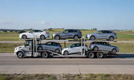 Multi-level car carrier on the highway to Muscatine, Iowa, United States