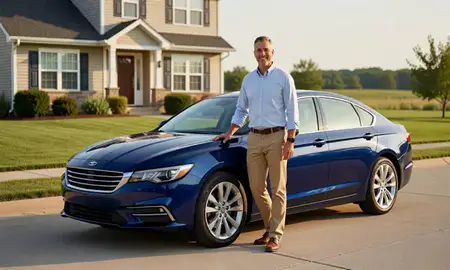Customer with their delivered car in Muscatine, Iowa, United States