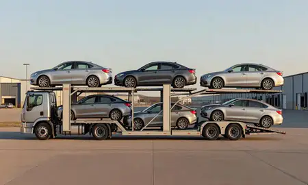 Car transporter parked in an industrial area of Muscatine, Iowa, United States