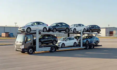 Car transporter loaded with vehicles in Muscatine, Iowa, United States