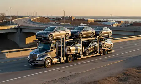 Car transporter with the Muscatine, Iowa, United States skyline behind it