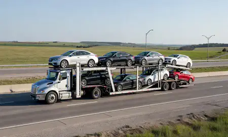 Multi-level car carrier on the highway to Newton, Iowa, United States