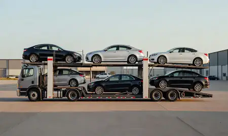 Car transporter parked in an industrial area of Newton, Iowa, United States