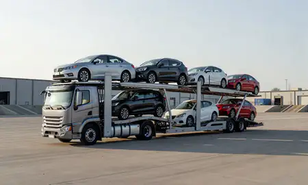 Car transporter loaded with vehicles in Newton, Iowa, United States